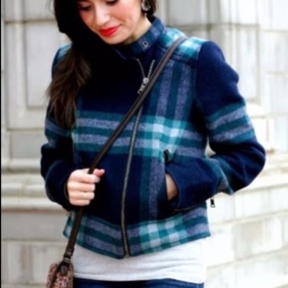 GAP Jackets & Blazers - GAP | Blue & Green Plaid Short Cropped Wool Blend Moto Jacket, Size S